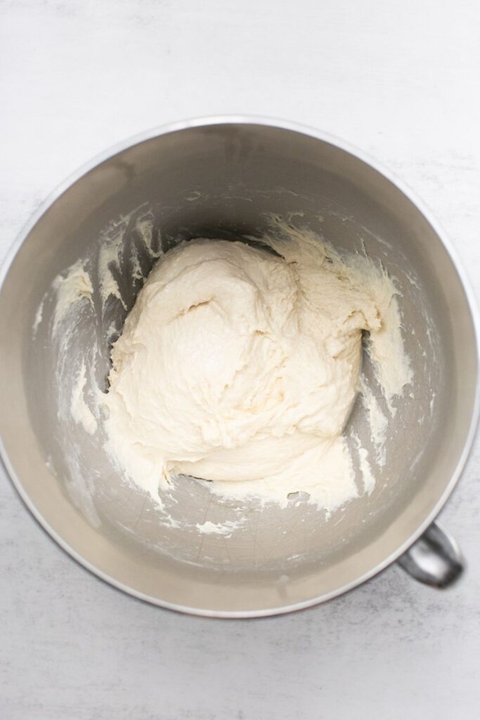 dough for sourdough english muffins in a bowl for a kitchen aid mixer