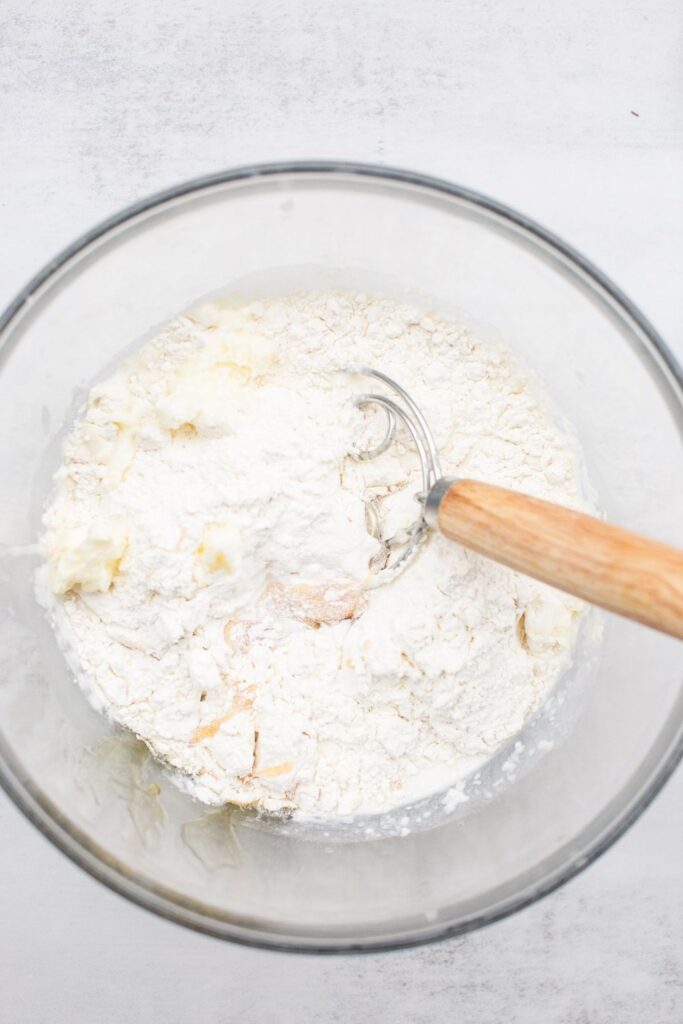 dough for sourdough English muffins being whisked with a dough hook