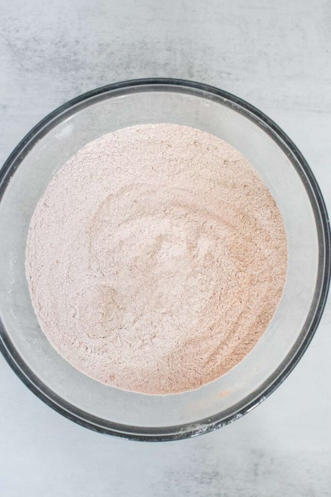 dry ingredients for old fashioned chocolate espresso cake in a large mixing bowl 