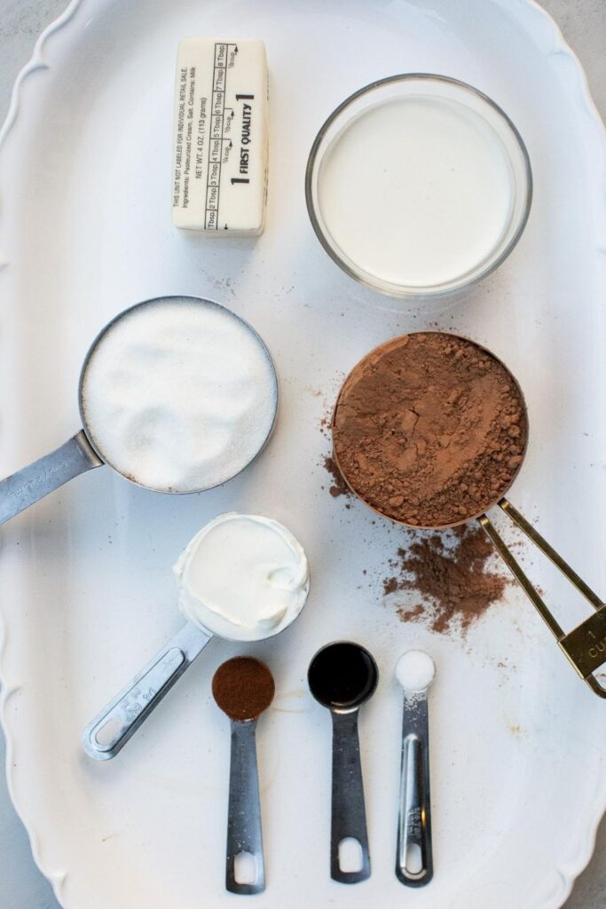 ingredients for old fashioned chocolate espresso cake ganache sitting on a tray