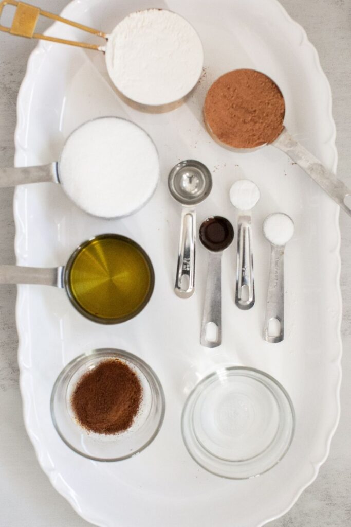 ingredients for old fashioned chocolate espresso cake on a tray