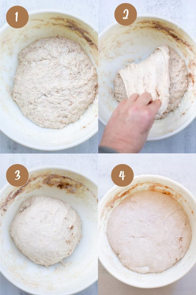 cinnamon roll sourdough focaccia bread dough being mixed, shaped, and fermented in a large bowl