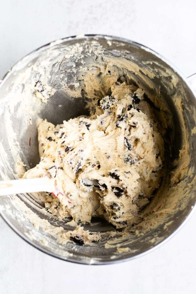 sourdough discard cookies and cream cookie dough batter in kitchen aid mixer