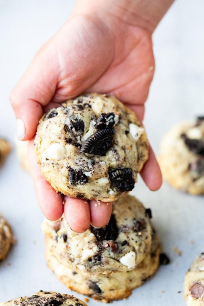 sourdough discard cookies and cream cookies with chocolate chips, white chocolate, cream cheese and butter