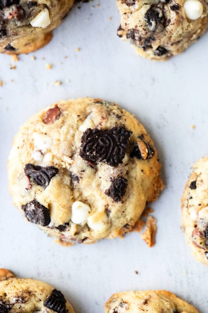 sourdough discard cookies and cream cookie with Oreo chunks and white chocolate chips