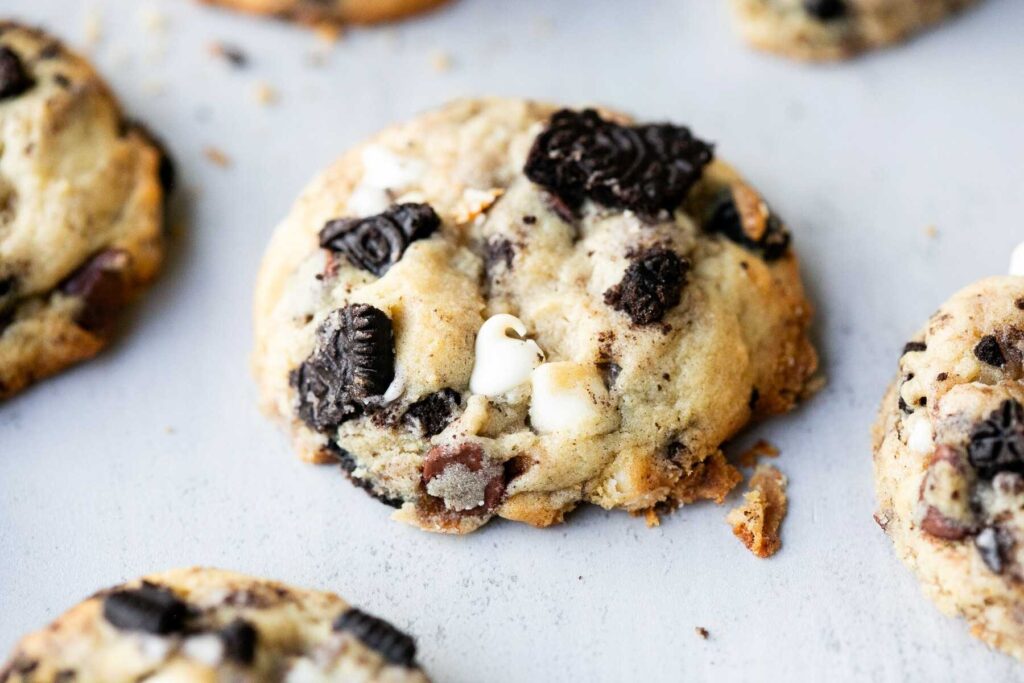 sourdough discard cookies and cream cookies with Oreos and white chocolate