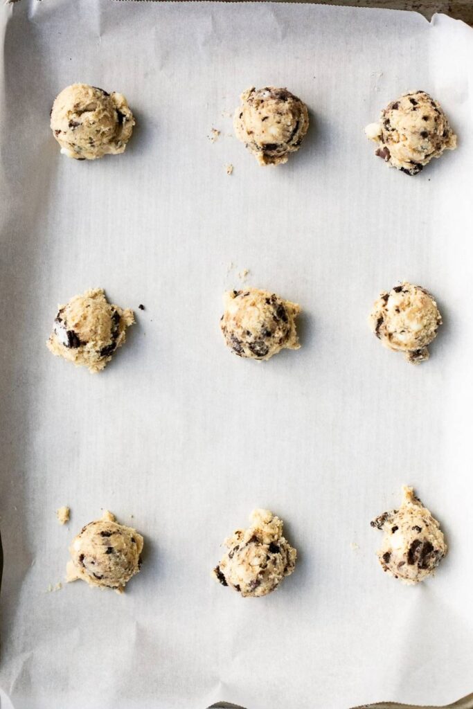 sourdough discard cookies and cream cookie dough on a baking sheet