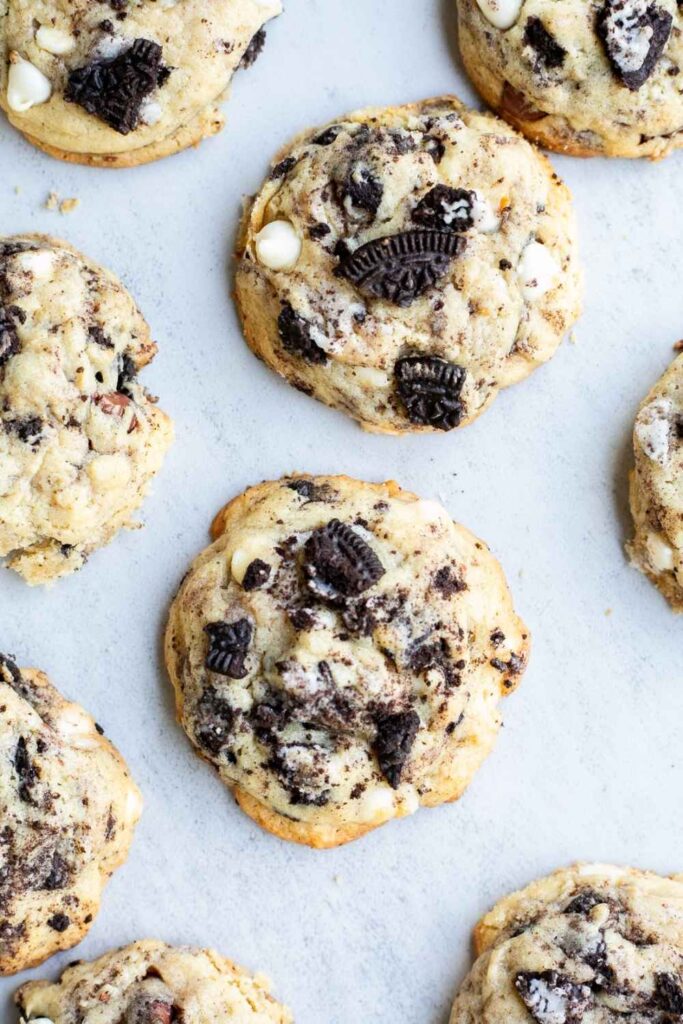 sourdough discard cookies and cream cookies on a tray