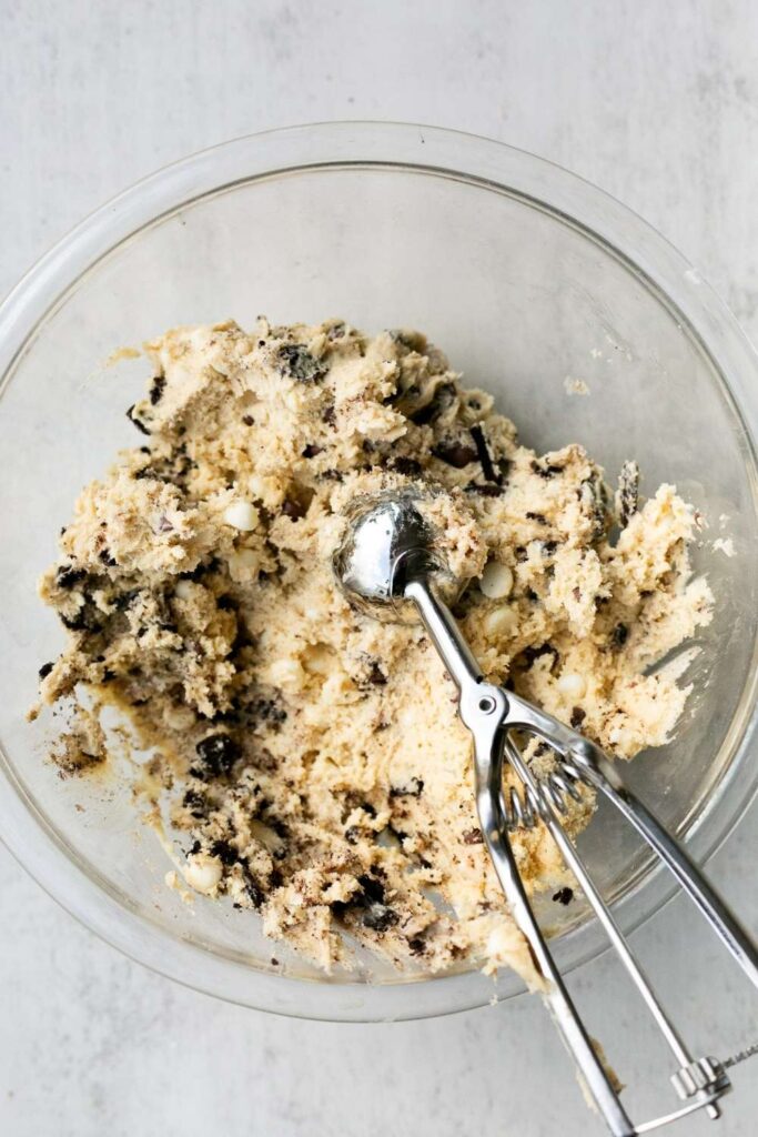 sourdough discard cookies and cream cookie dough in a bowl