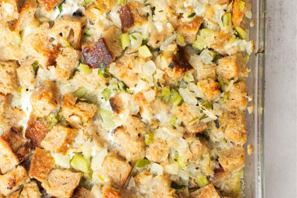 sourdough stuffing on a plate served at Christmas