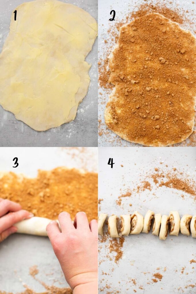 steps to making pie crust cookies: butter on pie crust rolled out, then cinnamon filling on top of the crust, the pie crust rolled up, and the cookies sliced.