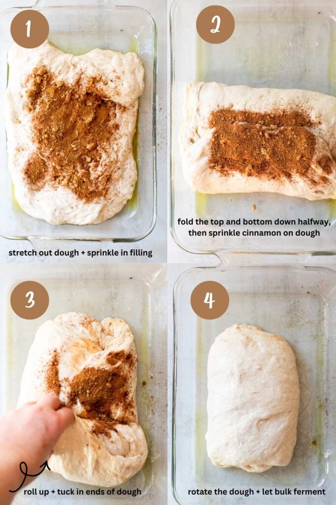 steps to shaping sourdough cinnamon roll focaccia bread