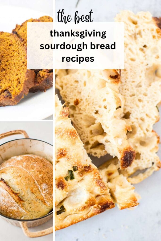 a collage of the best sourdough thanksgiving bread recipes: pumpkin bread, herb flavored bread, and sourdough focaccia.