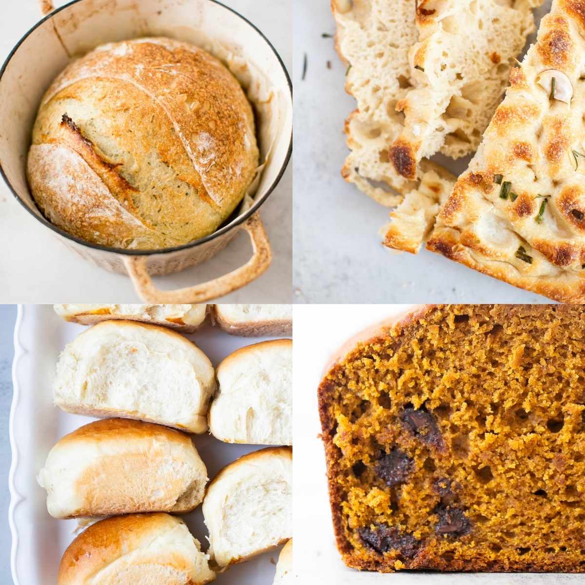 a photo collage with sourdough thanksgiving bread ideas: herb flavored loaf, tear apart rolls, and pumpkin bread.