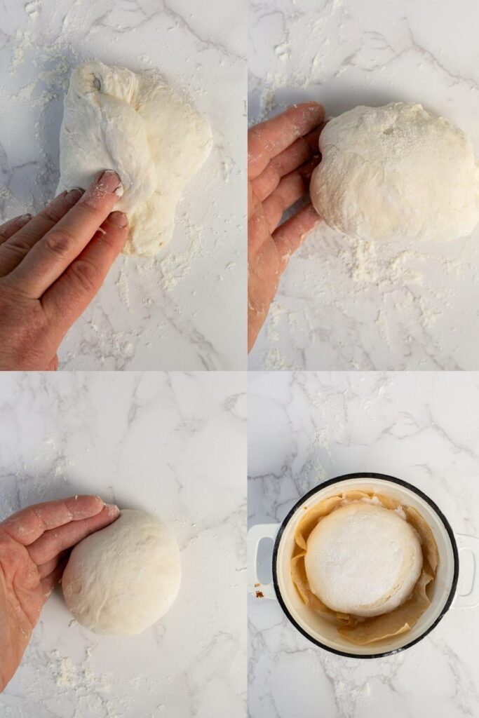 steps to shaping a mini sourdough loaf and putting it into a mini sourdough Dutch oven