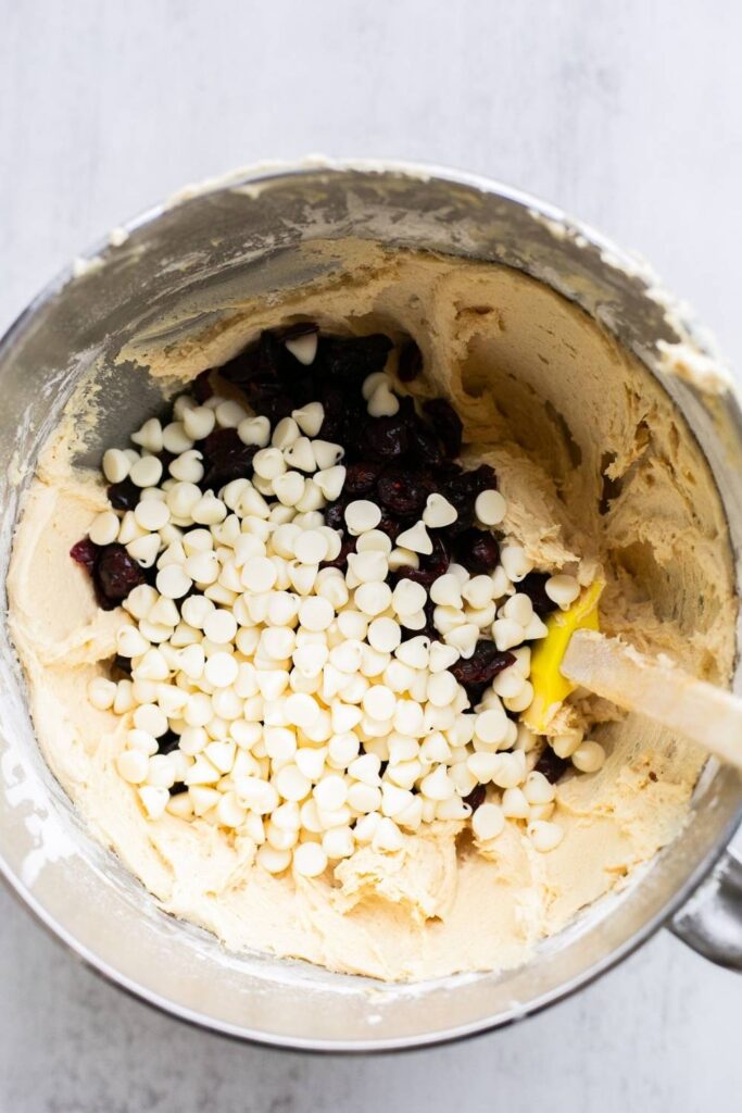 sourdough cranberry white chocolate chip cookie dough in a bowl