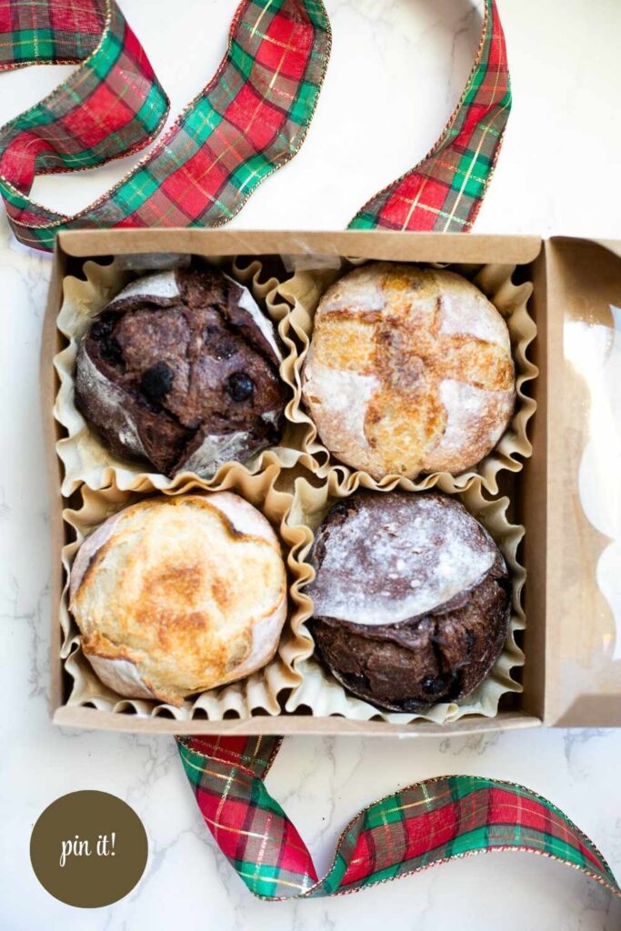 mini sourdough loaves with inclusions in a bakery style box for Christmas gift giving