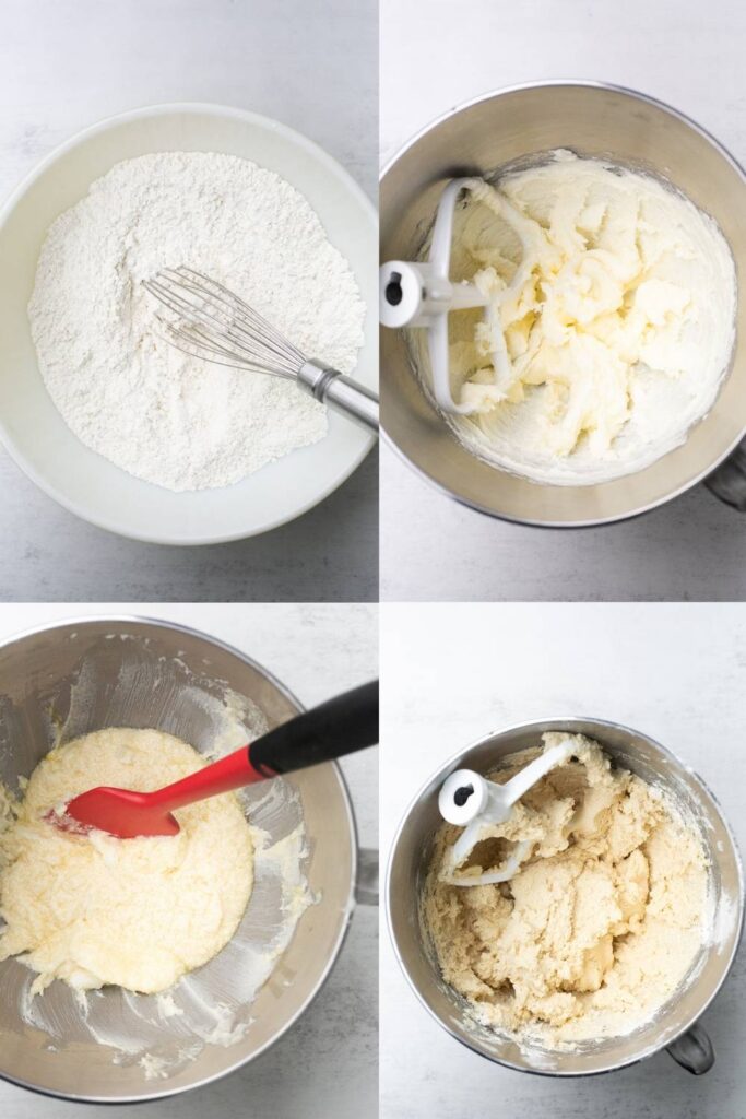 sourdough discard sugar cookie dough in a mixing bowl with flour, egg, salt, sourdough discard, flour, and baking powder