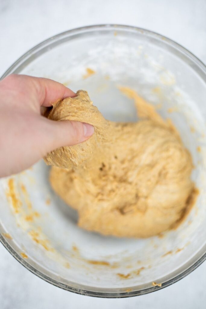 stetch and folds on sourdough gingerbread loaf dough