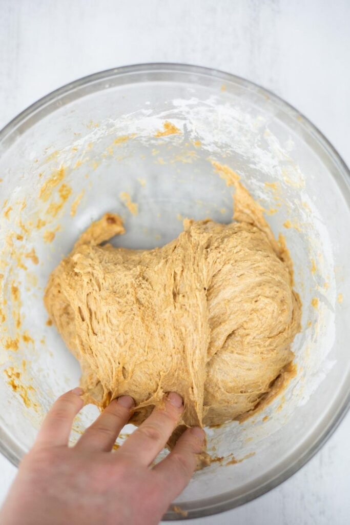 stetch and folds on sourdough gingerbread loaf dough