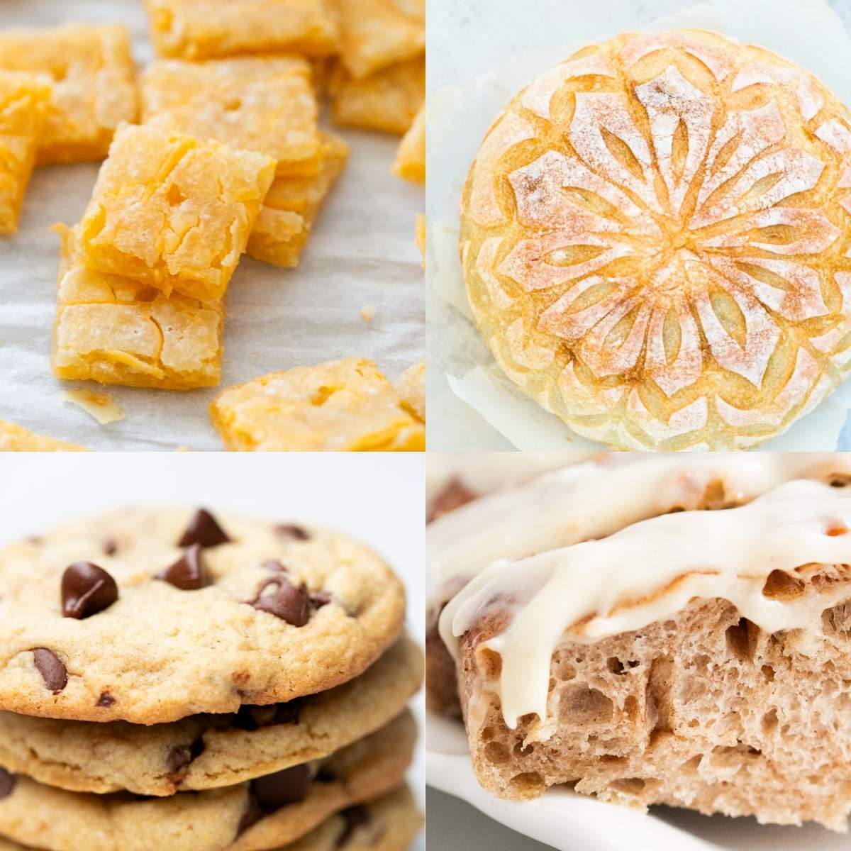 a group of sourdough recipes for New Years: crackers, snowflake bread, cookies and focaccia