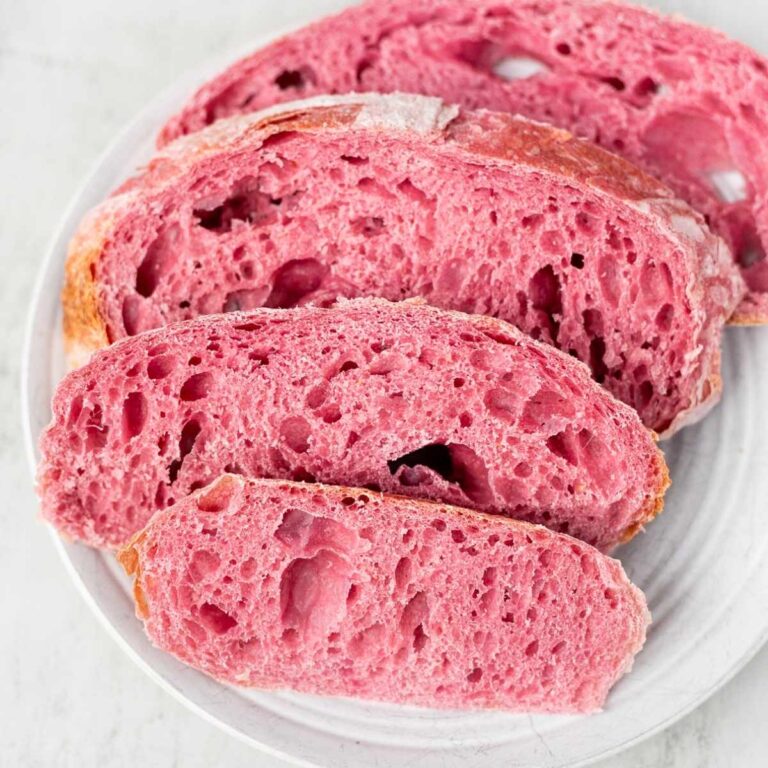 pink sourdough bread slices on a plate