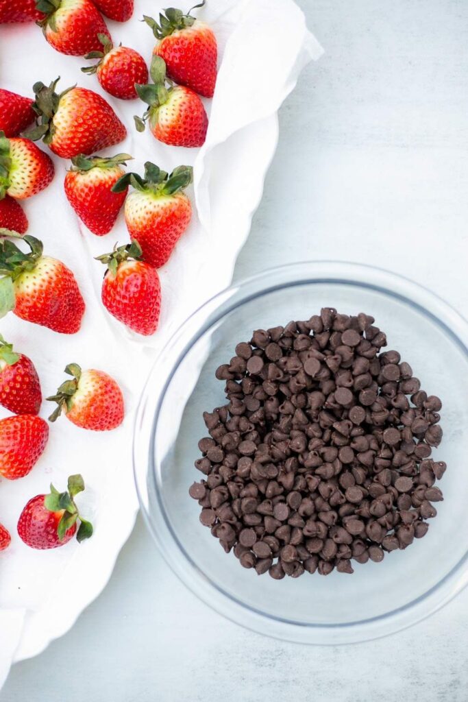 ingredients for chocolate dipped strawberries on a tray: chocolate chips and strawberries