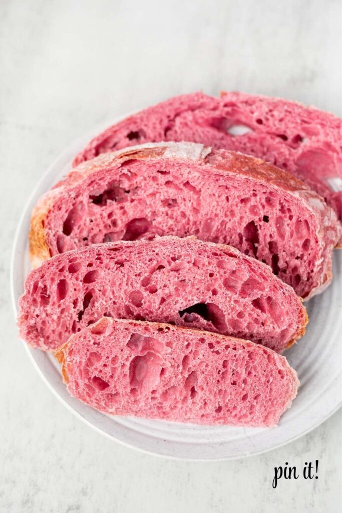 pink sourdough bread loaf made with dragon fruit powder dye