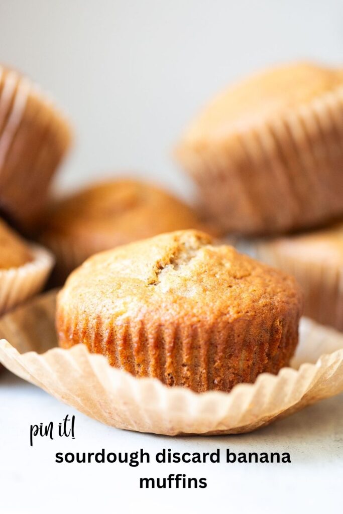 a pinterest pin with a photo of a sourdough discard banana muffin on it

