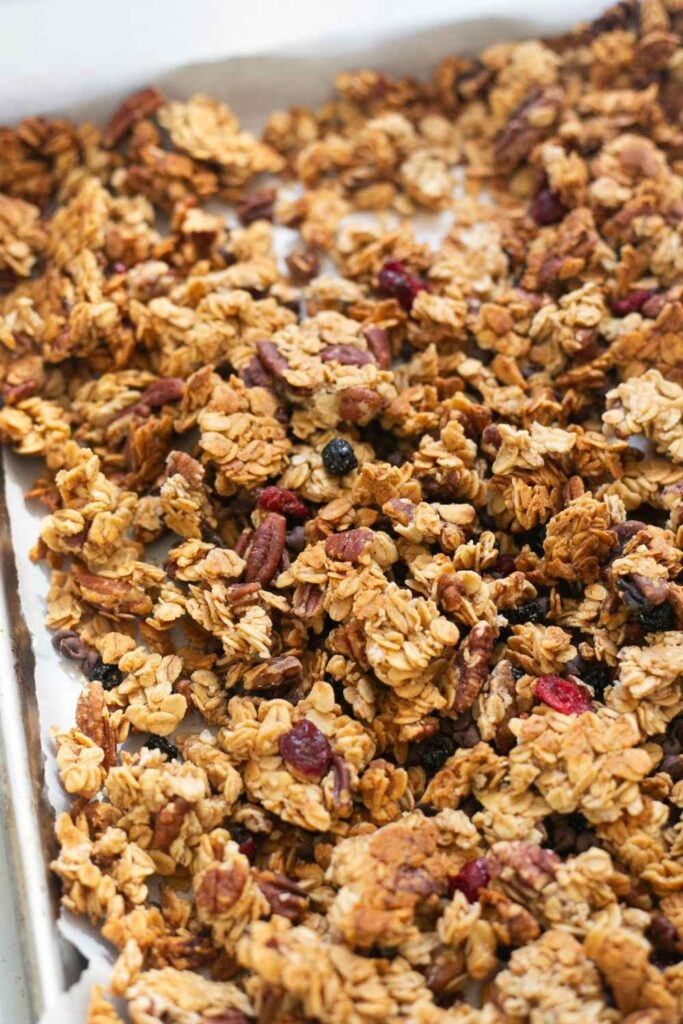 sourdough discard granola on a baking sheet