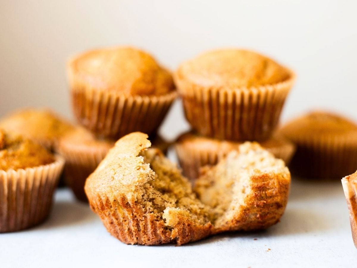 Sourdough discard banana muffins on a plate. 
