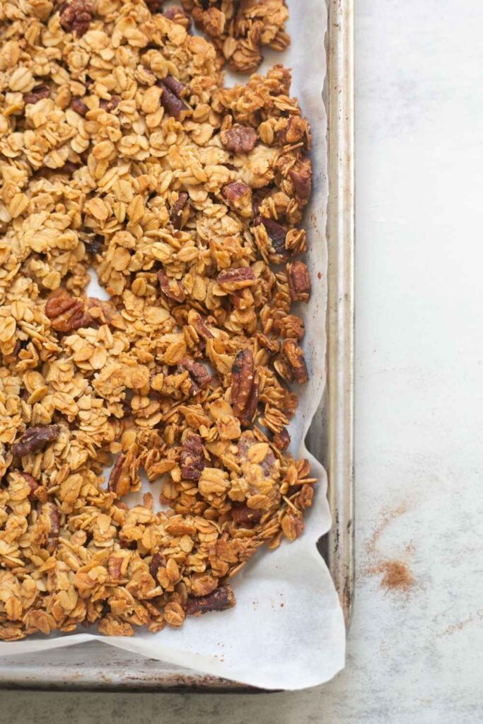 sourdough discard granola that is brown after being baked in oven