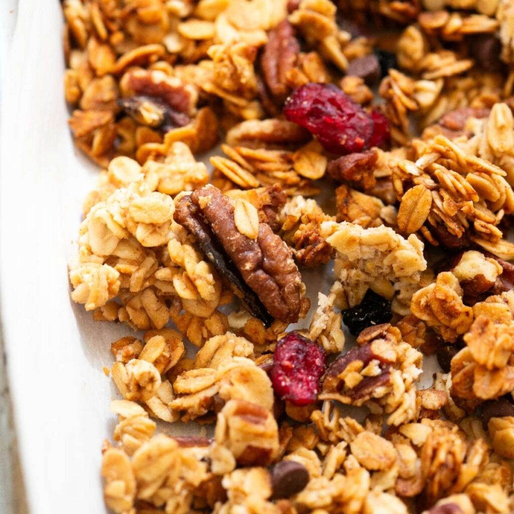 sourdough discard granola made with honey, dried fruit and pecans