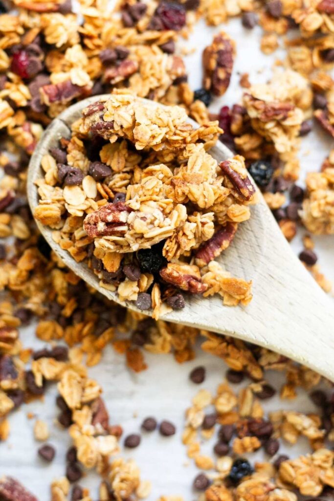 sourdough discard granola made with honey, chocolate chips, and nuts