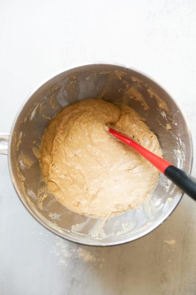 Wet ingredients for sourdough discard banana muffins in a bowl.