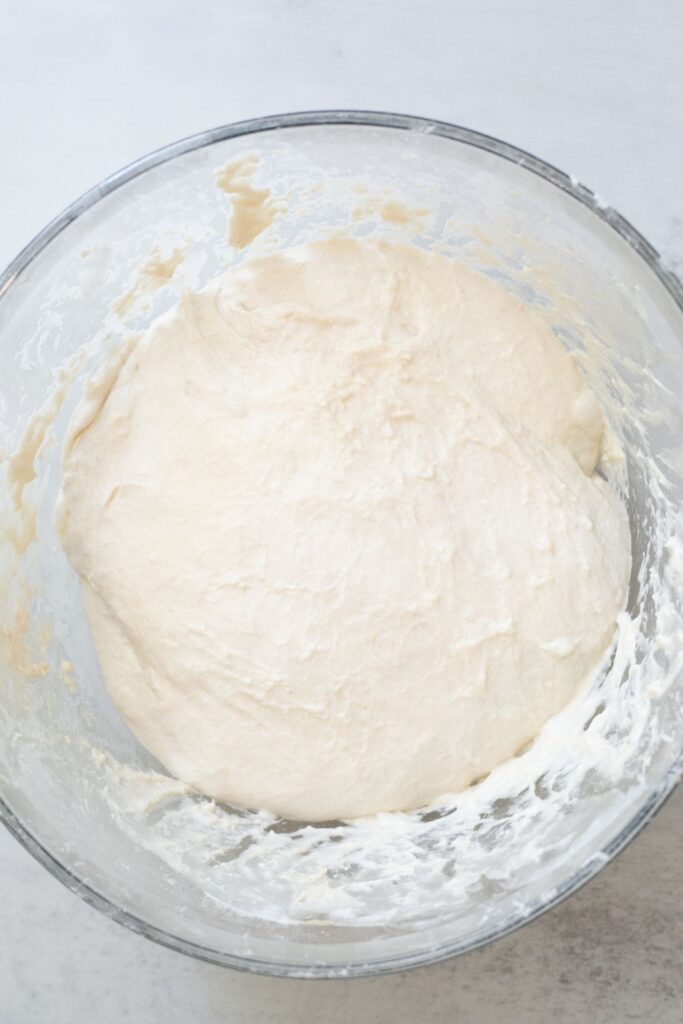 bulk fermented sourdough ciabatta in a bowl