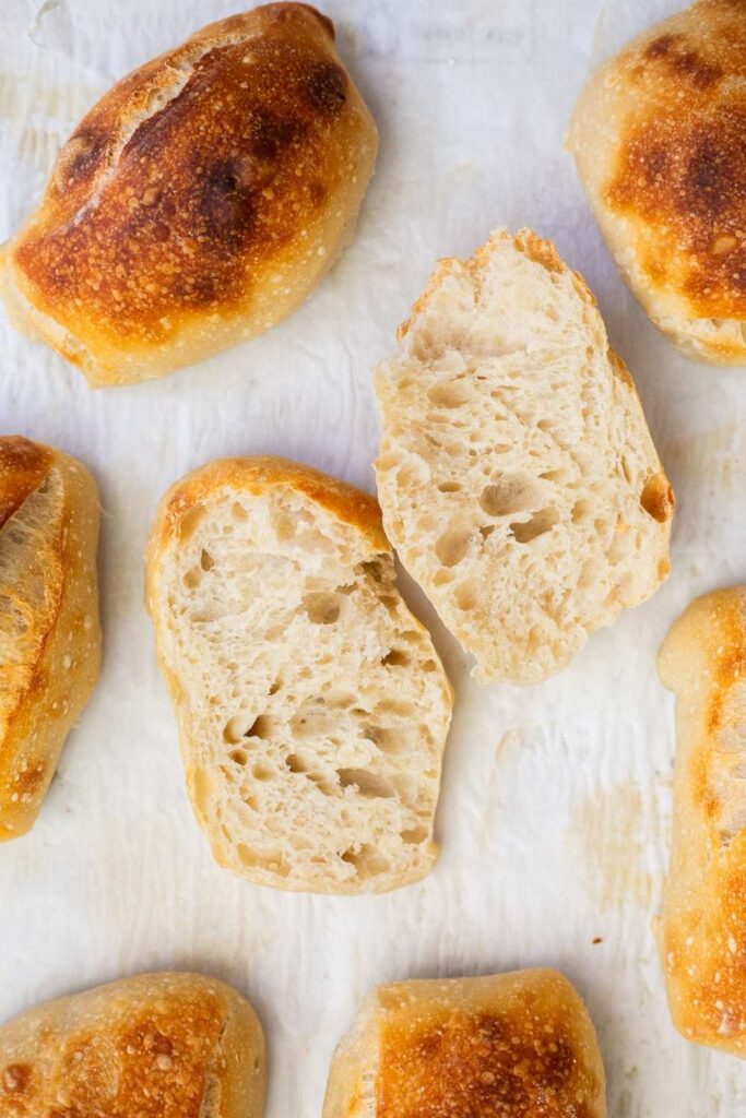 sourdough ciabatta rolls cut in half
