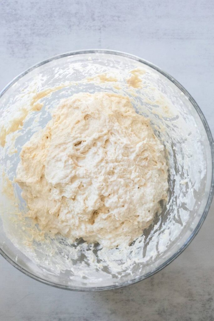 dough for sourdough ciabatta in a bowl