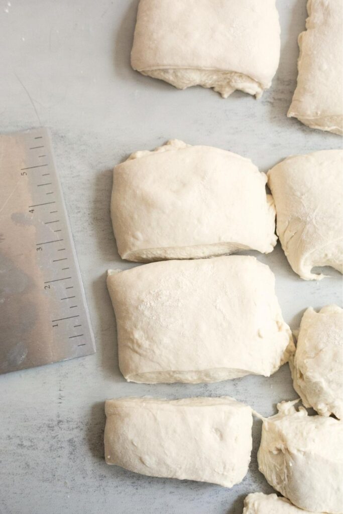 sourdough ciabatta dough cut into sandwich sized pieces