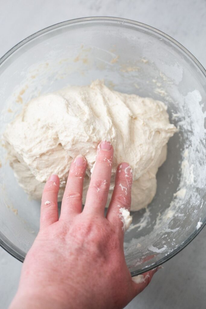 stretch and folds on sourdough ciabatta dough