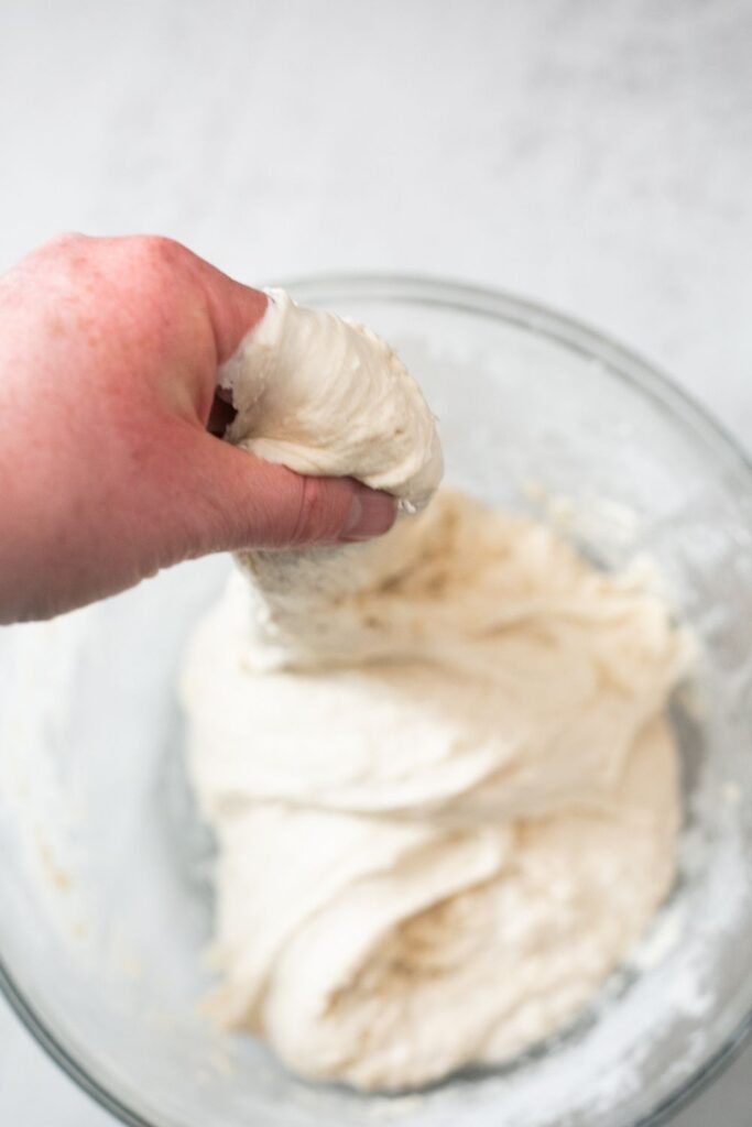 stretch and folds on sourdough ciabatta dough