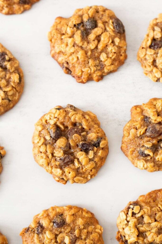 sourdough discard oatmeal raisin cookies on a tray