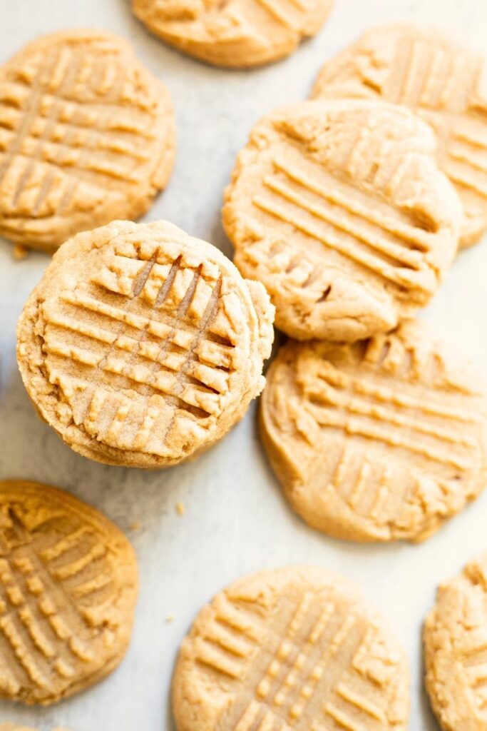 soft sourdough discard peanut butter cookies on a tray