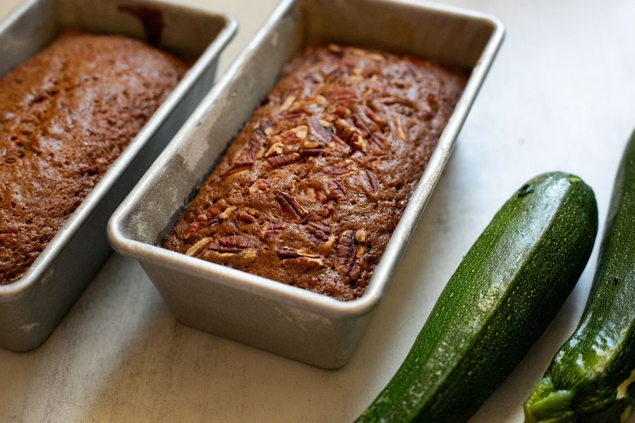 sourdough discard zucchini bread with and without nuts in loaf pans
