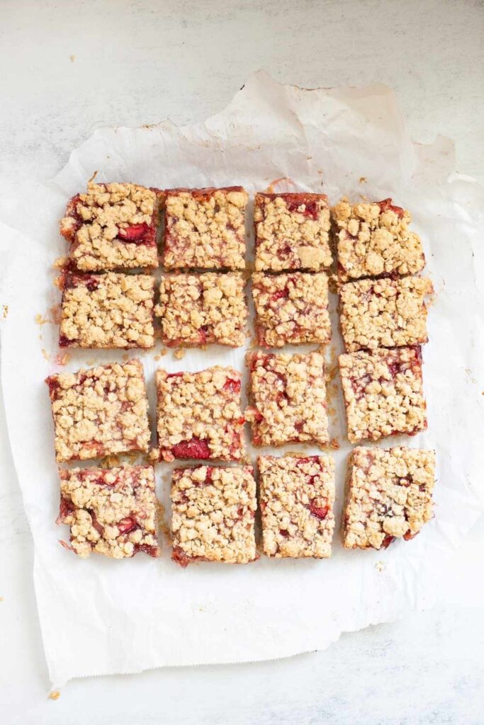 sourdough discard strawberry crumb bars cut into pieces