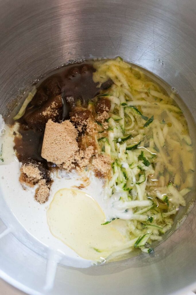 wet ingredients for sourdough discard zucchini bread in a bowl
