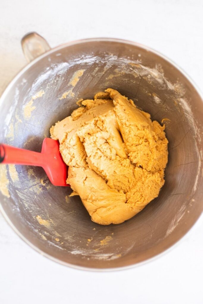 dough for sourdough discard peanut butter cookies in a stand mixer