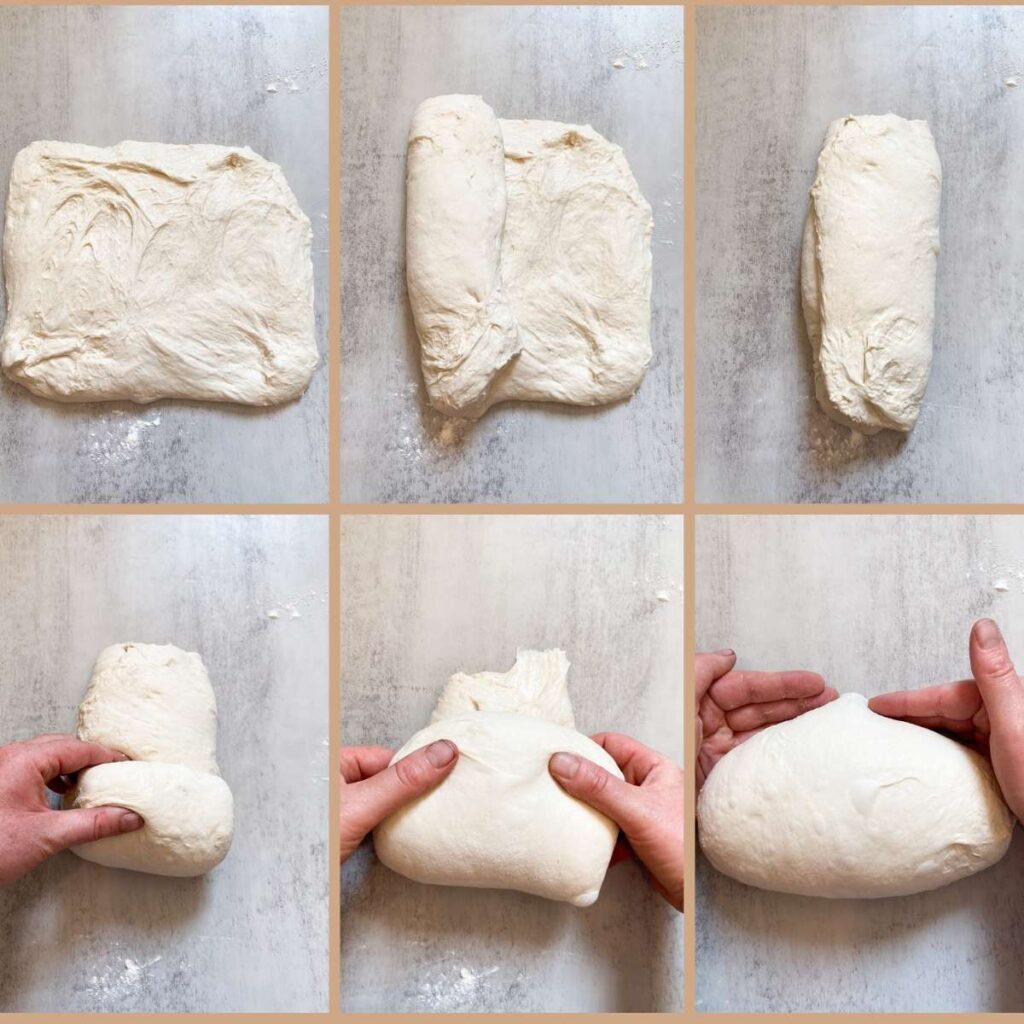 steps on how to shape sourdough bread dough into a boule shape for baking in a loaf pan