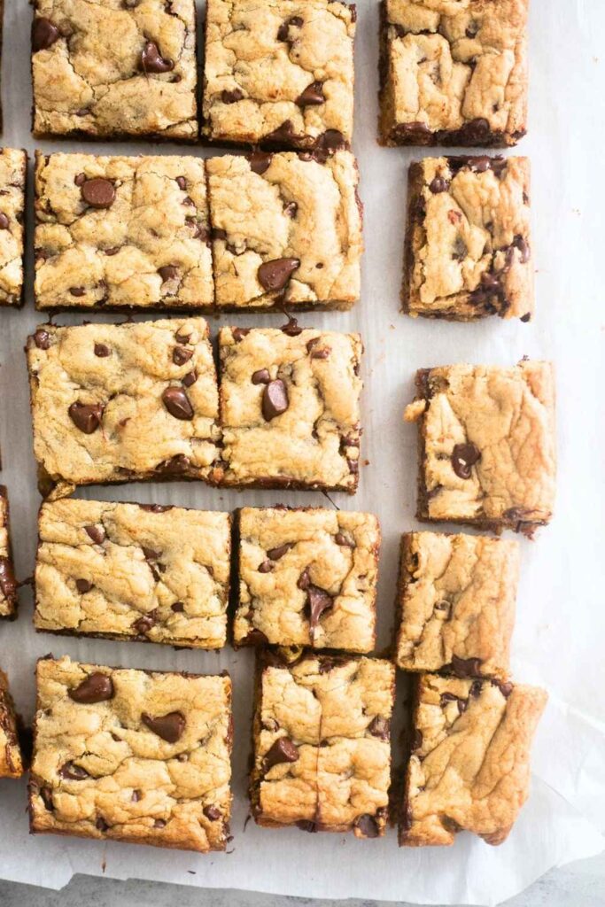 sourdough discard chocolate chip cookie bars on a tray