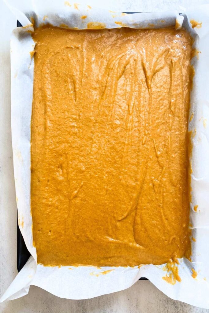 sourdough discard pumpkin bars in jelly roll pan